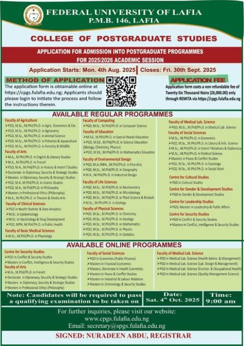 FULAFIA releases Postgraduate Admission form, 2025/2026